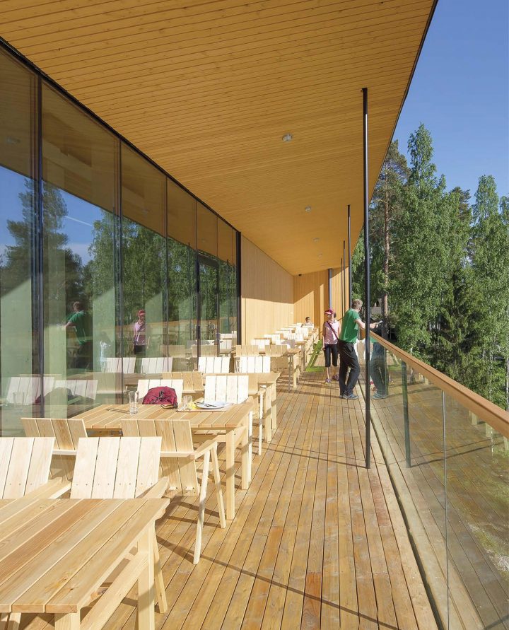 Balcony opens to the woods of the Nuuksio National Park, The Finnish Nature Centre Haltia