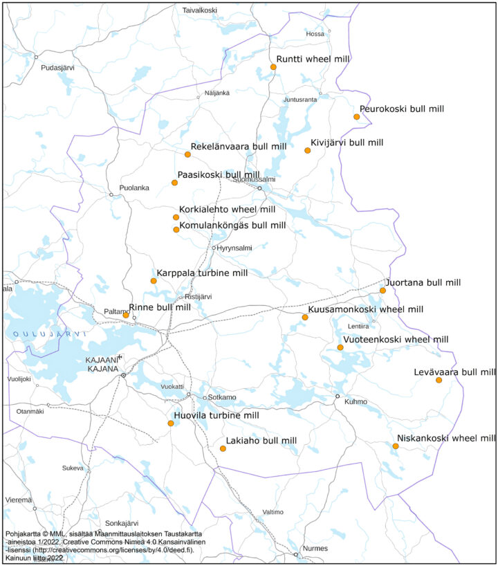 Map of existing mills, Watermills in Kainuu Region