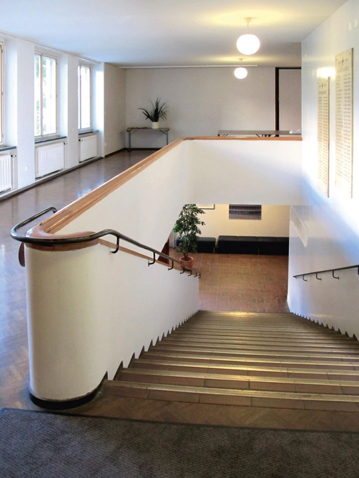 Stairs leading from the entrance lobby to the festival hall, Kåren Student Union Building