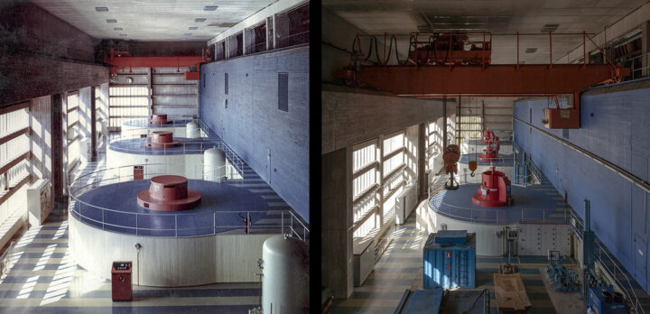 Machine hall in 1963 and 2020, Montta Hydropower Plant