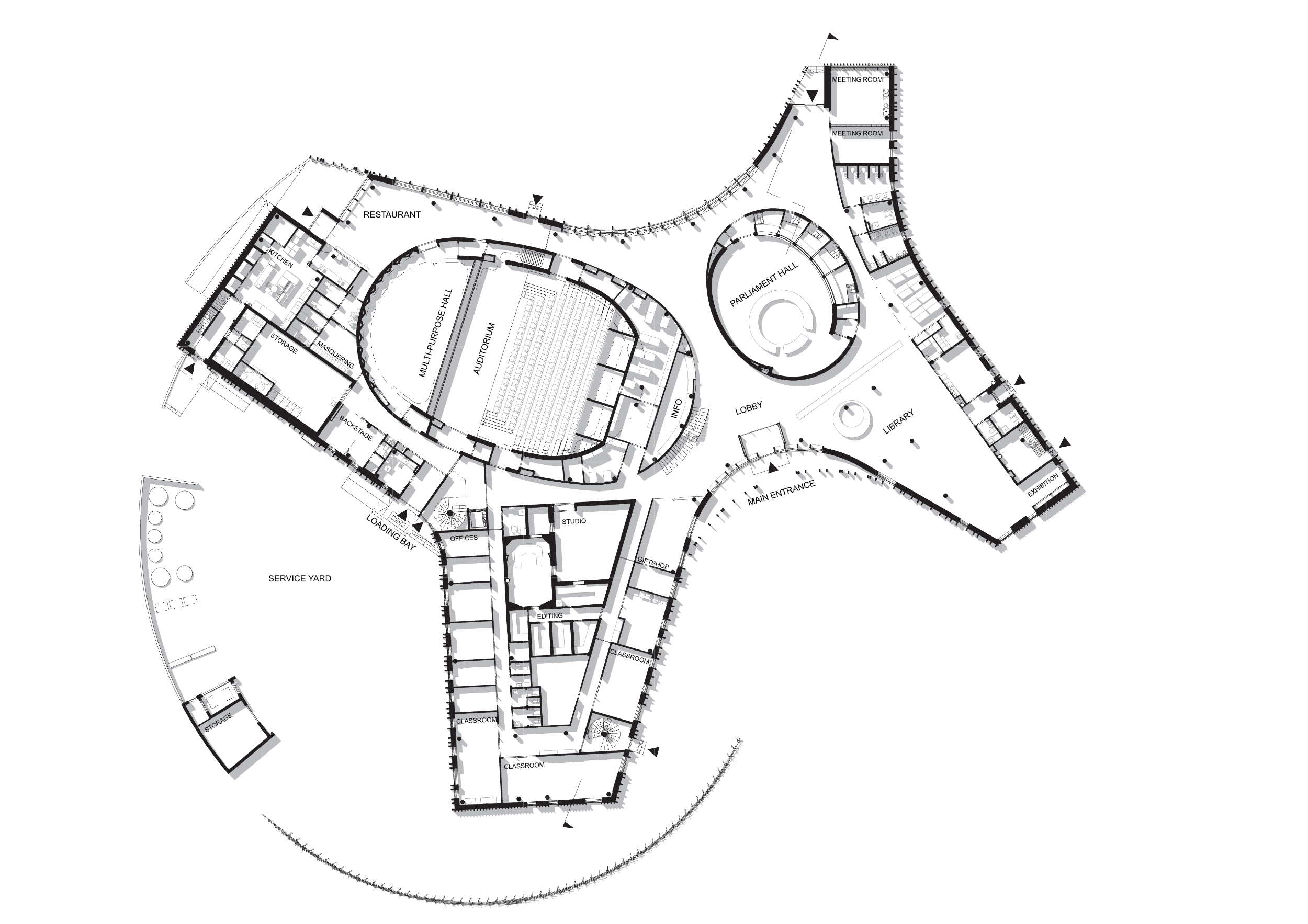План культурного центра. Sami Cultural Centre sajos. Необычные планировки зданий. Полукруглый план. План полукруглого здания.