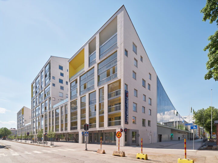 Street view with residential blocks, Tammela Stadium