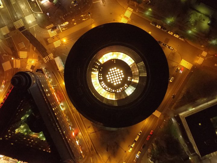 Night time aerial view, Circle House
