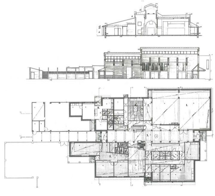 Sections and the floor plan, Myllyoja Parish Centre