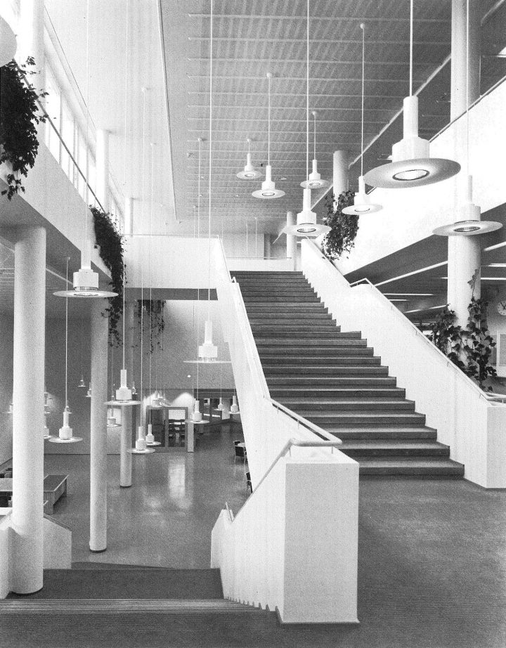 Main building, library hall stairway, University of Joensuu