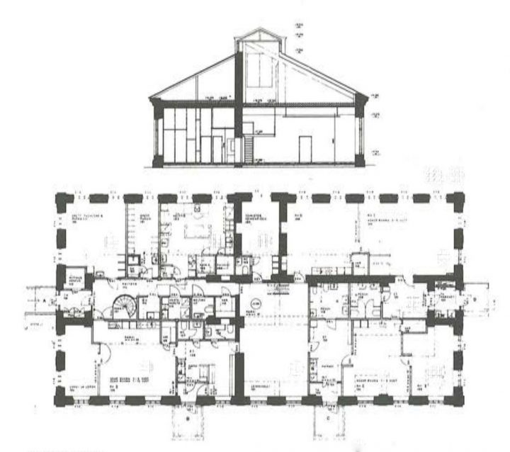 Cross section and floor plan of the ground floor of the daycare centre, Katajanokka School and Luotsi Daycare Centre