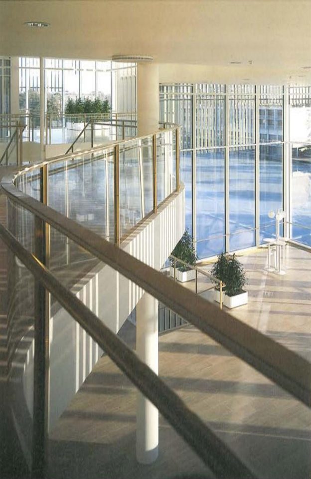 View to the main lobby from the upper lobby, Espoo Cultural Centre