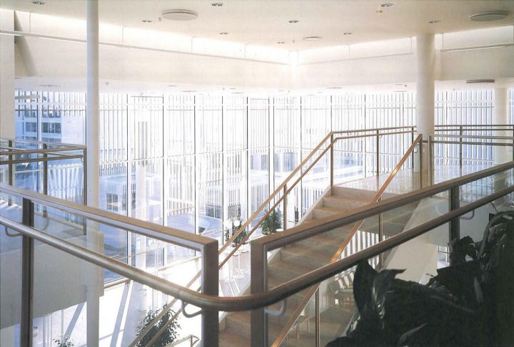 View to the main lobby from the upper lobby, Espoo Cultural Centre