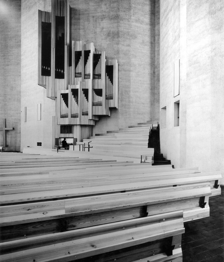 Wooden benches and organ., Kaleva Church