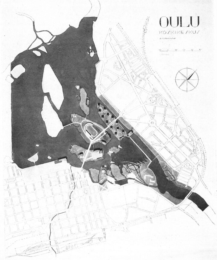 Town plan in Alvar Aalto's competition entry, Koskikeskus Landscape and Urban Plan